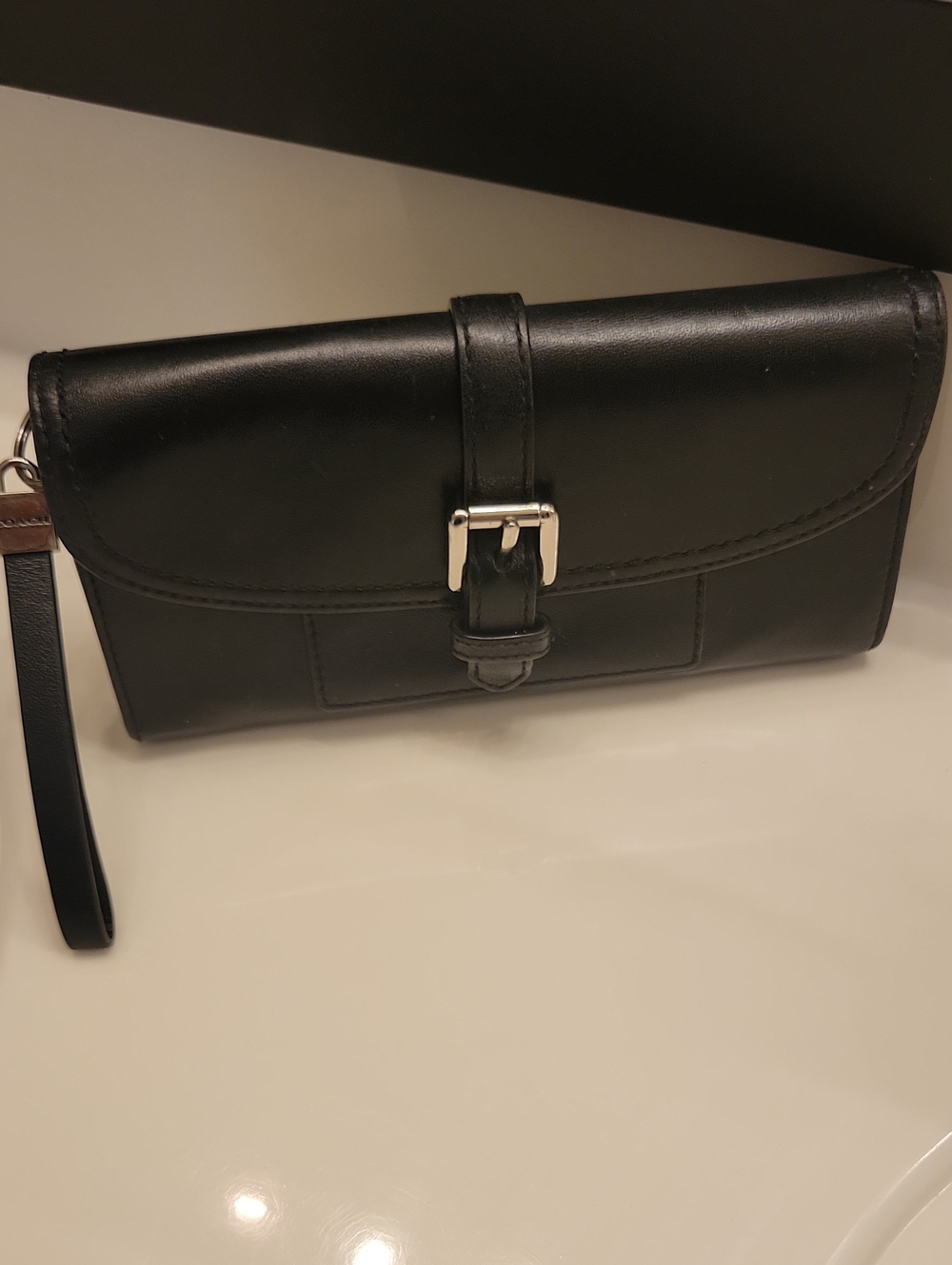 Coach Classic Black Leather Charlie Callie Wristlet Clutch with Buckle Accent